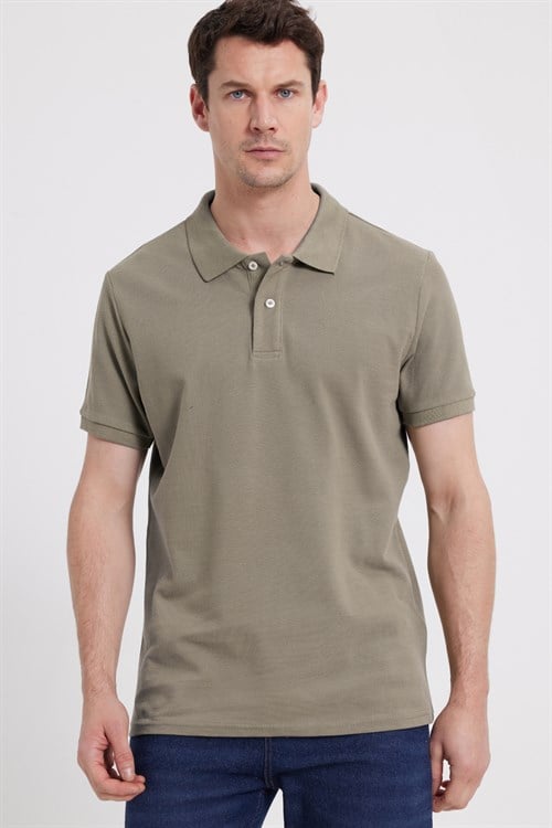 Erkek Slim Fit Dar Kesim %100 Pamuk Kısa Kollu Polo Yaka Vizon Tişört