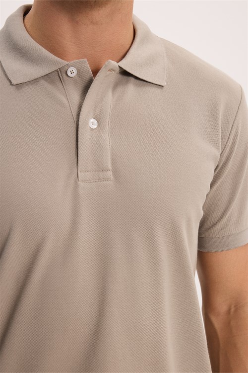Erkek Slim Fit Dar Kesim %100 Pamuk Kısa Kollu Polo Yaka Vizon Tişört