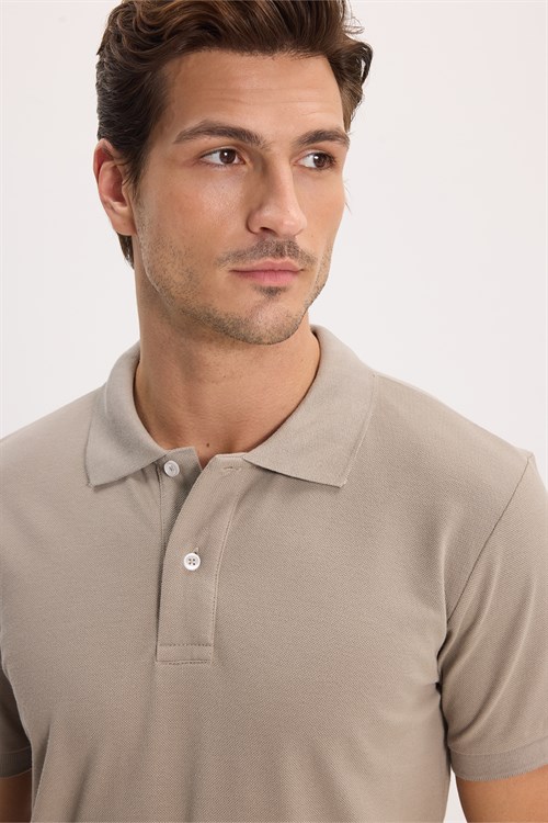 Erkek Slim Fit Dar Kesim %100 Pamuk Kısa Kollu Polo Yaka Vizon Tişört