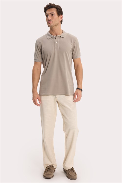 Erkek Slim Fit Dar Kesim %100 Pamuk Kısa Kollu Polo Yaka Vizon Tişört