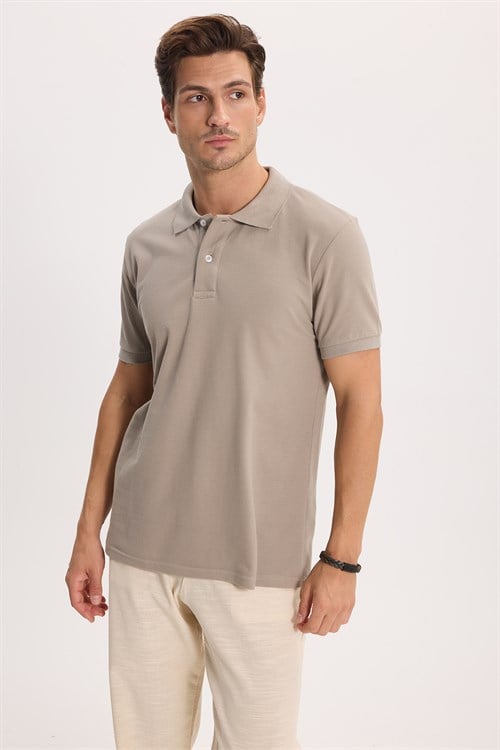 Erkek Slim Fit Dar Kesim %100 Pamuk Kısa Kollu Polo Yaka Vizon Tişört