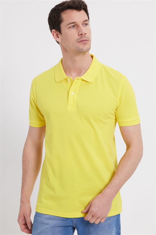 Erkek Slim Fit Dar Kesim %100 Pamuk Kısa Kollu Polo Yaka Sarı Tişört