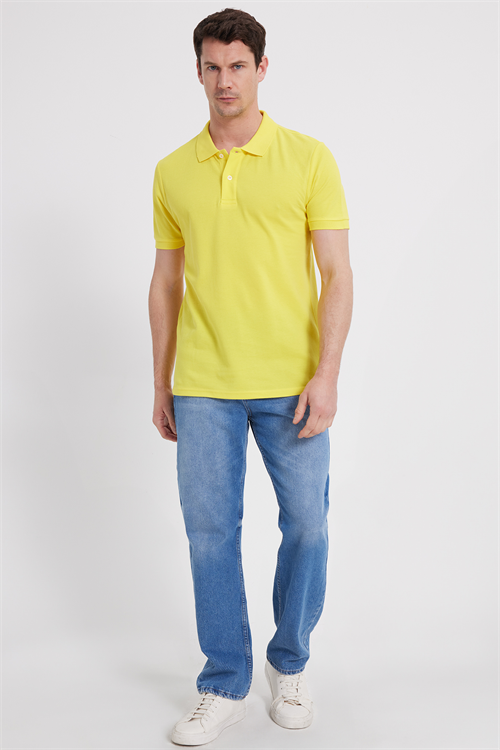Erkek Slim Fit Dar Kesim %100 Pamuk Kısa Kollu Polo Yaka Sarı Tişört