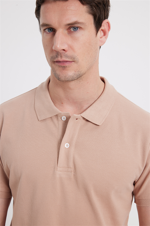 Erkek Slim Fit Dar Kesim %100 Pamuk Kısa Kollu Polo Yaka Bej Tişört