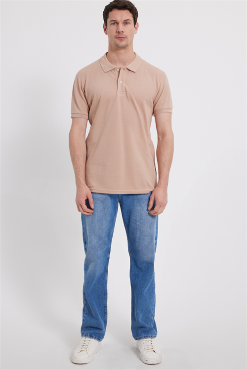Erkek Slim Fit Dar Kesim %100 Pamuk Kısa Kollu Polo Yaka Bej Tişört