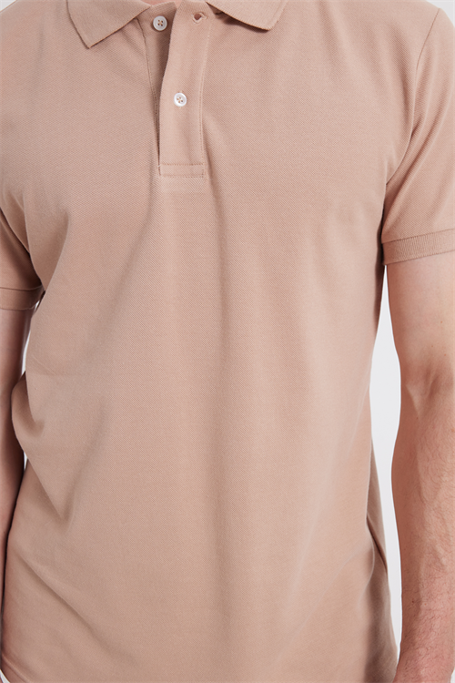 Erkek Slim Fit Dar Kesim %100 Pamuk Kısa Kollu Polo Yaka Bej Tişört