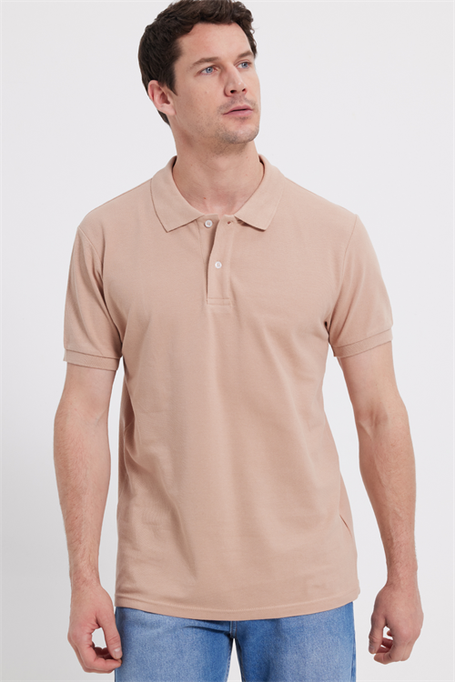 Erkek Slim Fit Dar Kesim %100 Pamuk Kısa Kollu Polo Yaka Bej Tişört