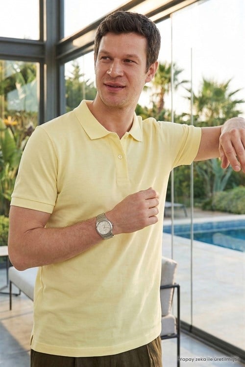 Erkek Slim Fit Dar Kesim %100 Pamuk Kısa Kollu Polo Yaka Sarı Tişört