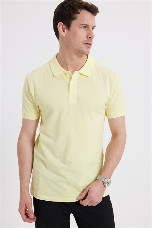 Erkek Slim Fit Dar Kesim %100 Pamuk Kısa Kollu Polo Yaka Sarı Tişört