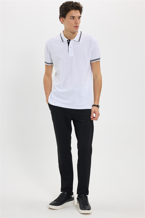 Erkek Slim Fit Dar Kesim %100 Pamuk Düz Pike Yaka ve Kol Detaylı Beyaz Polo Yaka Tişört