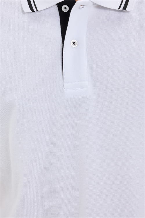 Erkek Slim Fit Dar Kesim %100 Pamuk Düz Pike Yaka ve Kol Detaylı Beyaz Polo Yaka Tişört