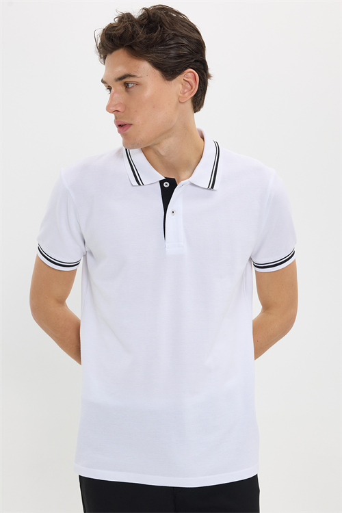 Erkek Slim Fit Dar Kesim %100 Pamuk Düz Pike Yaka ve Kol Detaylı Beyaz Polo Yaka Tişört