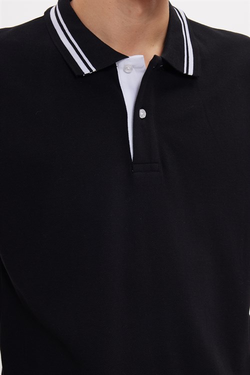 Erkek Slim Fit Dar Kesim %100 Pamuk Düz Pike Yaka ve Kol Detaylı Siyah Polo Yaka Tişört