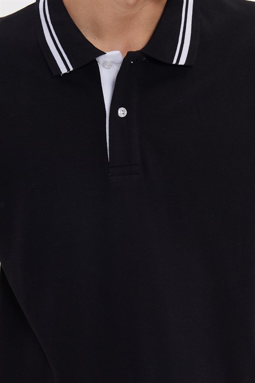 Erkek Slim Fit Dar Kesim %100 Pamuk Düz Pike Yaka ve Kol Detaylı Siyah Polo Yaka Tişört