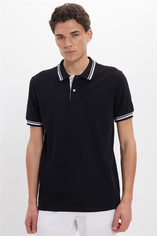 Erkek Slim Fit Dar Kesim %100 Pamuk Düz Pike Yaka ve Kol Detaylı Siyah Polo Yaka Tişört
