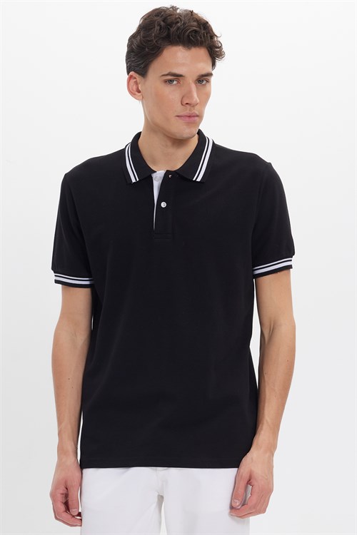 Erkek Slim Fit Dar Kesim %100 Pamuk Düz Pike Yaka ve Kol Detaylı Siyah Polo Yaka Tişört