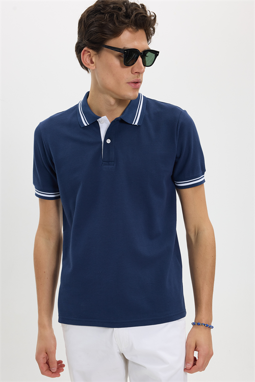 Erkek Slim Fit Dar Kesim %100 Pamuk Düz Pike Yaka ve Kol Detaylı Lacivert Polo Yaka Tişört