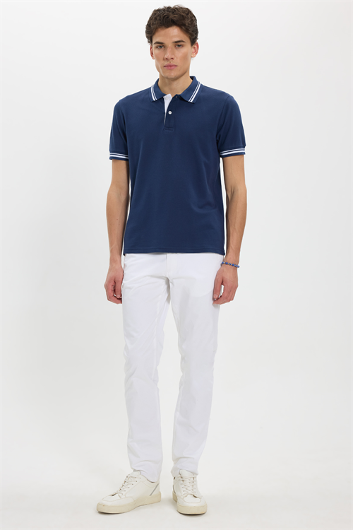 Erkek Slim Fit Dar Kesim %100 Pamuk Düz Pike Yaka ve Kol Detaylı Lacivert Polo Yaka Tişört
