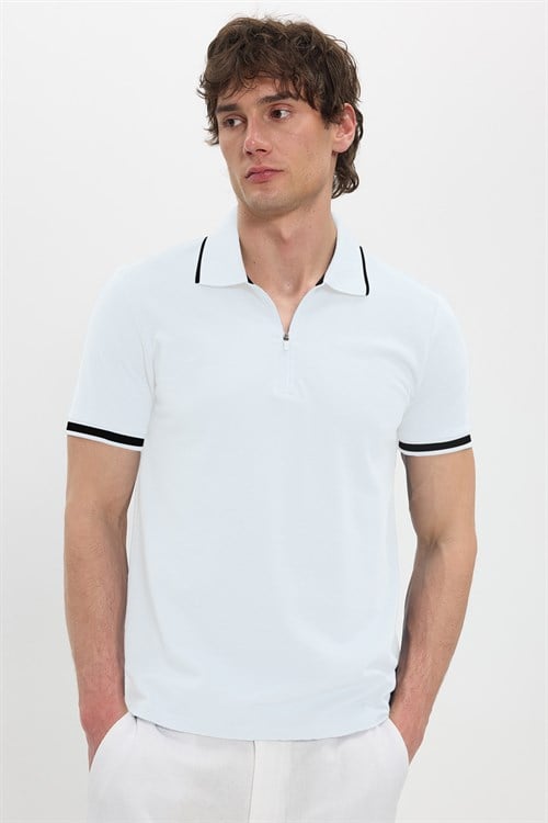 Erkek Slim Fit Dar Kesim %100 Pamuk Jakarlı Düz Yaka ve Kol Detaylı Beyaz Polo Yaka Tişört