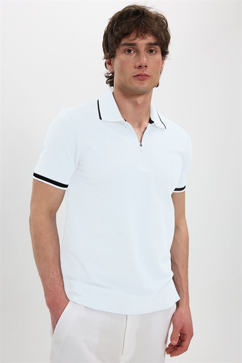 Erkek Slim Fit Dar Kesim %100 Pamuk Jakarlı Düz Yaka ve Kol Detaylı Beyaz Polo Yaka Tişört