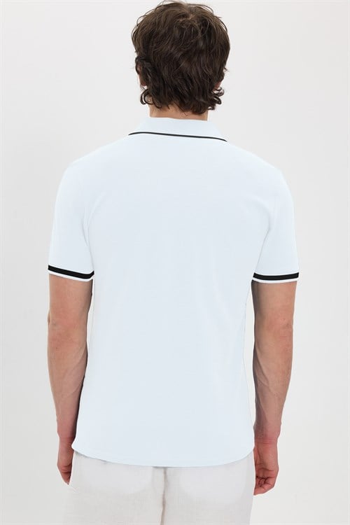 Erkek Slim Fit Dar Kesim %100 Pamuk Jakarlı Düz Yaka ve Kol Detaylı Beyaz Polo Yaka Tişört