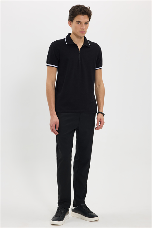 Erkek Slim Fit Dar Kesim %100 Pamuk Jakarlı Düz Yaka ve Kol Detaylı Siyah Polo Yaka Tişört