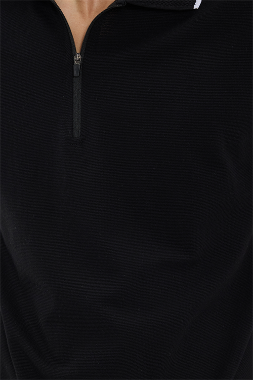 Erkek Slim Fit Dar Kesim %100 Pamuk Jakarlı Düz Yaka ve Kol Detaylı Siyah Polo Yaka Tişört