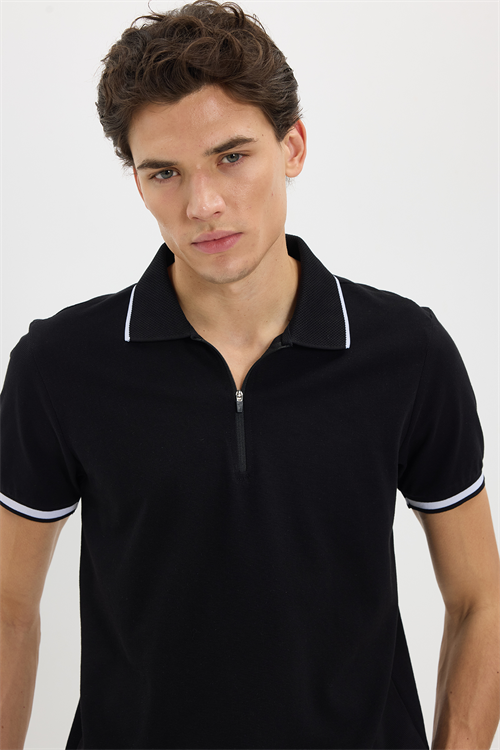 Erkek Slim Fit Dar Kesim %100 Pamuk Jakarlı Düz Yaka ve Kol Detaylı Siyah Polo Yaka Tişört