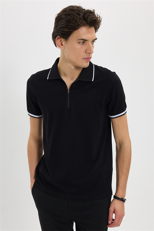 Erkek Slim Fit Dar Kesim %100 Pamuk Jakarlı Düz Yaka ve Kol Detaylı Siyah Polo Yaka Tişört