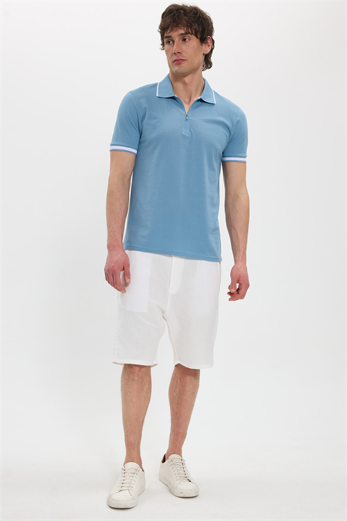 Erkek Slim Fit Dar Kesim %100 Pamuk Jakarlı Düz Yaka ve Kol Detaylı Mavi Polo Yaka Tişört