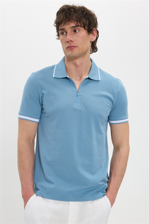 Erkek Slim Fit Dar Kesim %100 Pamuk Jakarlı Düz Yaka ve Kol Detaylı Mavi Polo Yaka Tişört