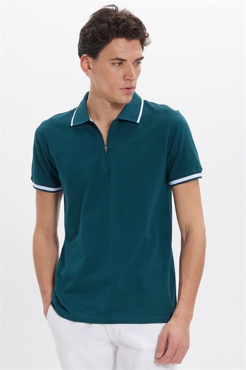 Erkek Slim Fit Dar Kesim %100 Pamuk Jakarlı Düz Yaka ve Kol Detaylı Yeşil Polo Yaka Tişört