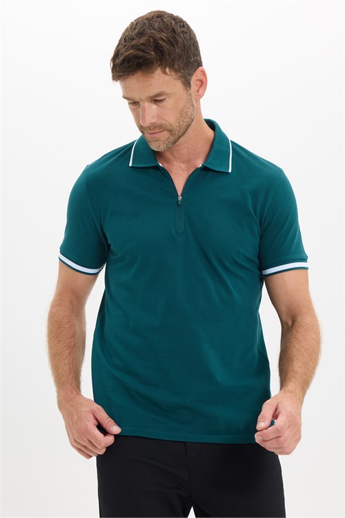 Erkek Slim Fit Dar Kesim %100 Pamuk Jakarlı Düz Yaka ve Kol Detaylı Yeşil Polo Yaka Tişört
