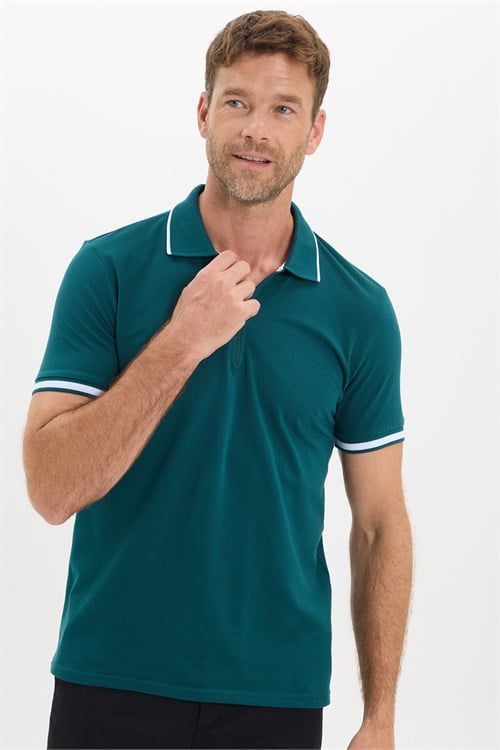 Erkek Slim Fit Dar Kesim %100 Pamuk Jakarlı Düz Yaka ve Kol Detaylı Yeşil Polo Yaka Tişört