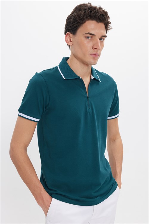 Erkek Slim Fit Dar Kesim %100 Pamuk Jakarlı Düz Yaka ve Kol Detaylı Yeşil Polo Yaka Tişört