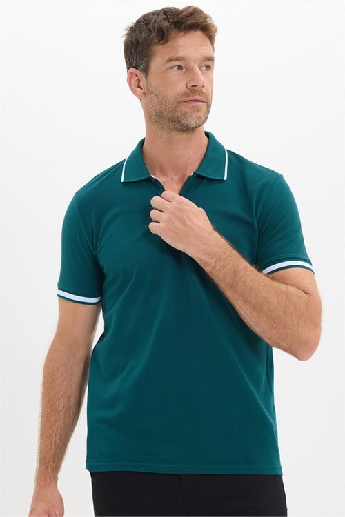 Erkek Slim Fit Dar Kesim %100 Pamuk Jakarlı Düz Yaka ve Kol Detaylı Yeşil Polo Yaka Tişört
