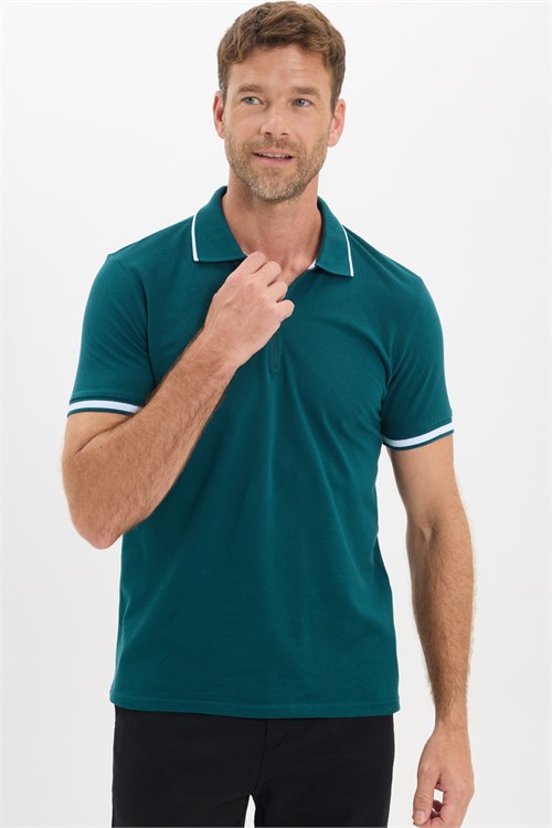 Erkek Slim Fit Dar Kesim %100 Pamuk Jakarlı Düz Yaka ve Kol Detaylı Yeşil Polo Yaka Tişört