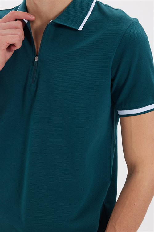 Erkek Slim Fit Dar Kesim %100 Pamuk Jakarlı Düz Yaka ve Kol Detaylı Yeşil Polo Yaka Tişört