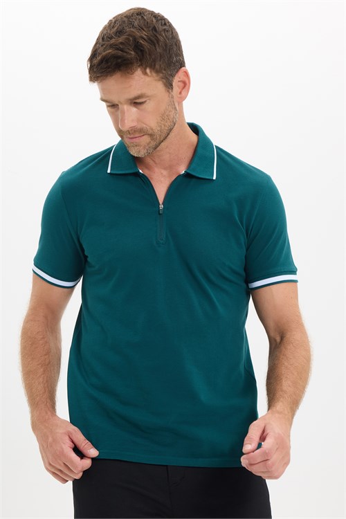 Erkek Slim Fit Dar Kesim %100 Pamuk Jakarlı Düz Yaka ve Kol Detaylı Yeşil Polo Yaka Tişört