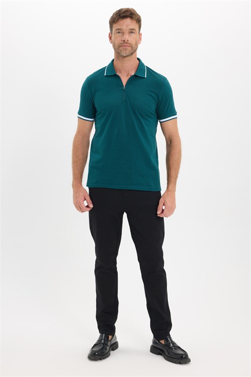 Erkek Slim Fit Dar Kesim %100 Pamuk Jakarlı Düz Yaka ve Kol Detaylı Yeşil Polo Yaka Tişört
