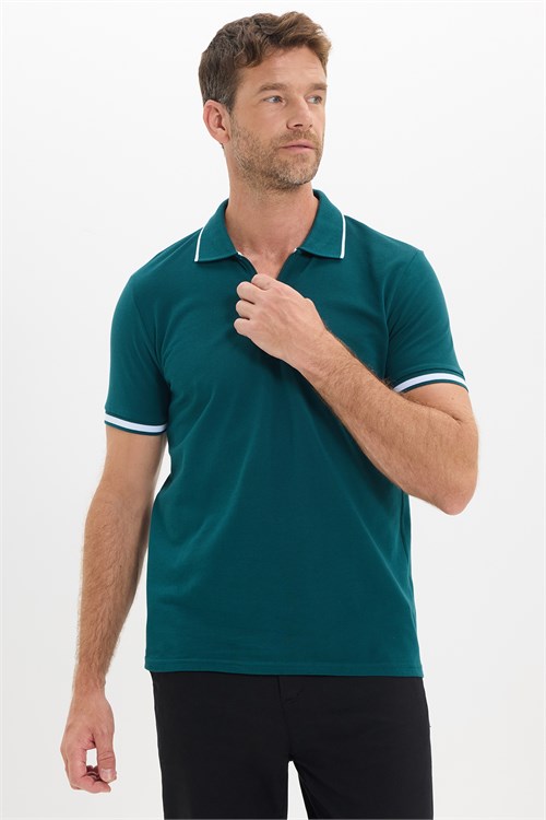Erkek Slim Fit Dar Kesim %100 Pamuk Jakarlı Düz Yaka ve Kol Detaylı Yeşil Polo Yaka Tişört