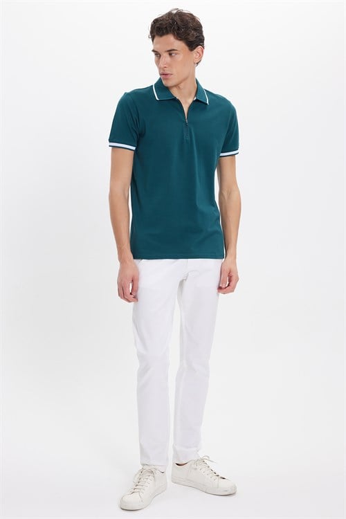 Erkek Slim Fit Dar Kesim %100 Pamuk Jakarlı Düz Yaka ve Kol Detaylı Yeşil Polo Yaka Tişört