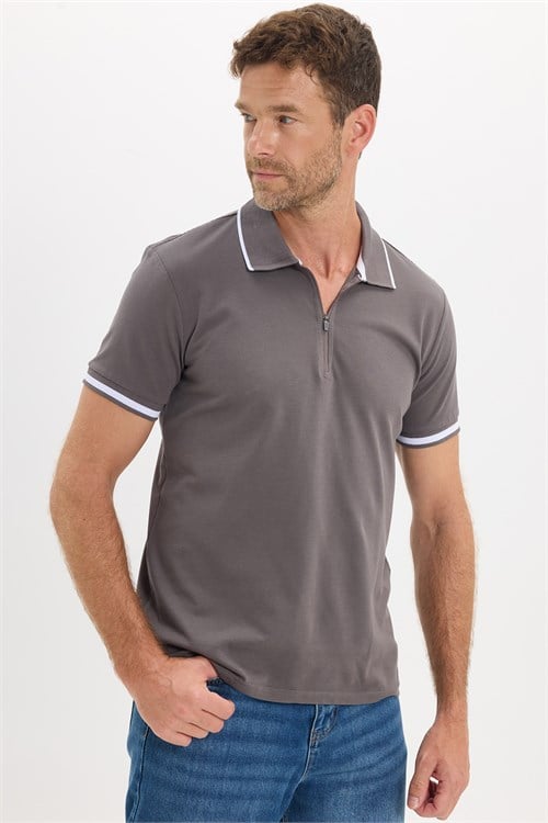 Erkek Slim Fit Dar Kesim %100 Pamuk Jakarlı Düz Yaka ve Kol Detaylı Gri Polo Yaka Tişört