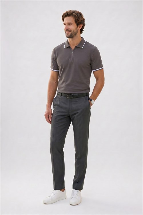 Erkek Slim Fit Dar Kesim %100 Pamuk Jakarlı Düz Yaka ve Kol Detaylı Gri Polo Yaka Tişört