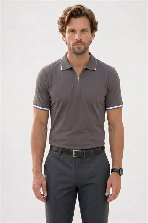 Erkek Slim Fit Dar Kesim %100 Pamuk Jakarlı Düz Yaka ve Kol Detaylı Gri Polo Yaka Tişört