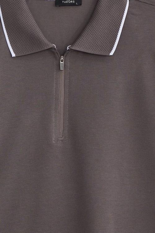 Erkek Slim Fit Dar Kesim %100 Pamuk Jakarlı Düz Yaka ve Kol Detaylı Gri Polo Yaka Tişört