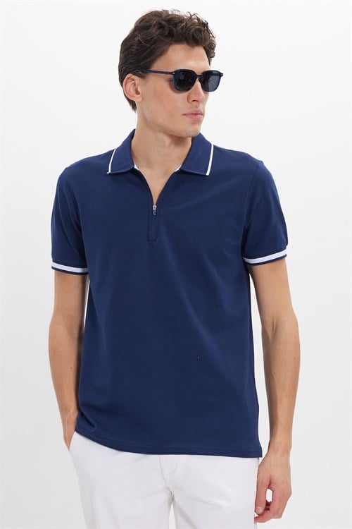 Erkek Slim Fit Dar Kesim %100 Pamuk Jakarlı Düz Yaka ve Kol Detaylı Lacivert Polo Yaka Tişört