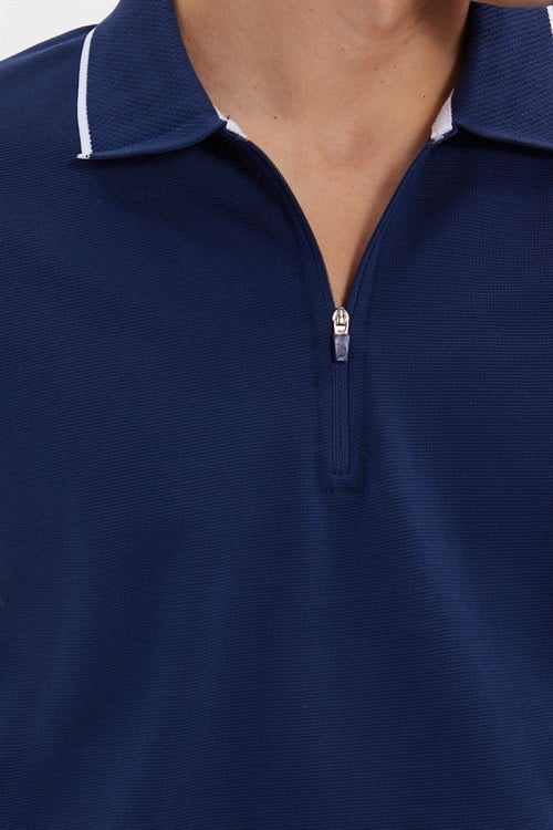 Erkek Slim Fit Dar Kesim %100 Pamuk Jakarlı Düz Yaka ve Kol Detaylı Lacivert Polo Yaka Tişört