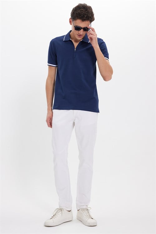 Erkek Slim Fit Dar Kesim %100 Pamuk Jakarlı Düz Yaka ve Kol Detaylı Lacivert Polo Yaka Tişört