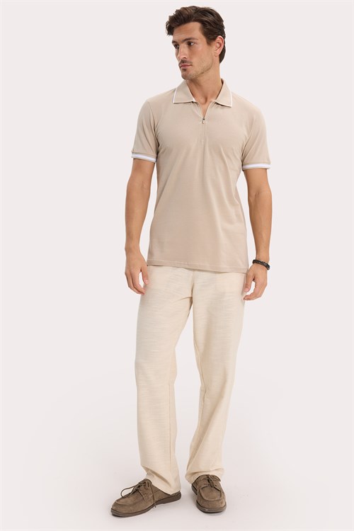 Erkek Slim Fit Dar Kesim %100 Pamuk Jakarlı Düz Yaka ve Kol Detaylı Bej Polo Yaka Tişört